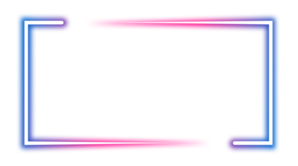 A glowing neon frame with a blue and pink gradient. A modern, electric border in a rectangular bracket shape on transparent background, neon sign Banner, Mockup, presentation, Design element, PNG