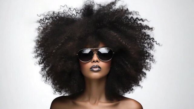Fashionable Afro: A striking woman with an elegant afro hairstyle confidently displays her unique, stylish look, complete with sunglasses