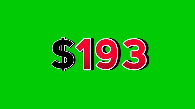 Animation number $193 dollar sign motion graphics with smoke effect green screen background vibrant red numbers. Video 3D effect with shadows for video elements business concept