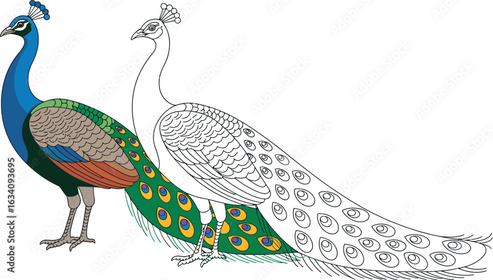 Poster a drawing showing a colored peacock next to an uncolored peacock with tail feathers displayed wide