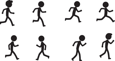 Eight Black Stick Figure Icons Depicting Running and Walking Poses silhouette person