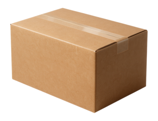 A plain cardboard box sealed with clear packing tape on transparent background.