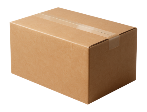 A plain cardboard box sealed with clear packing tape on transparent background.