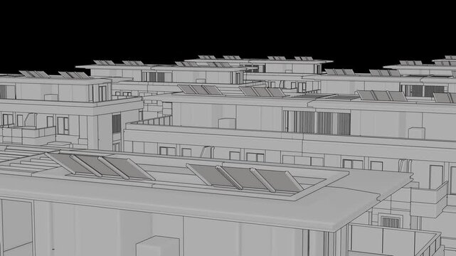 Animation of a Generic Apartment Building with solar panels on top, Seamless Looped Animation, 3D Linework rendering