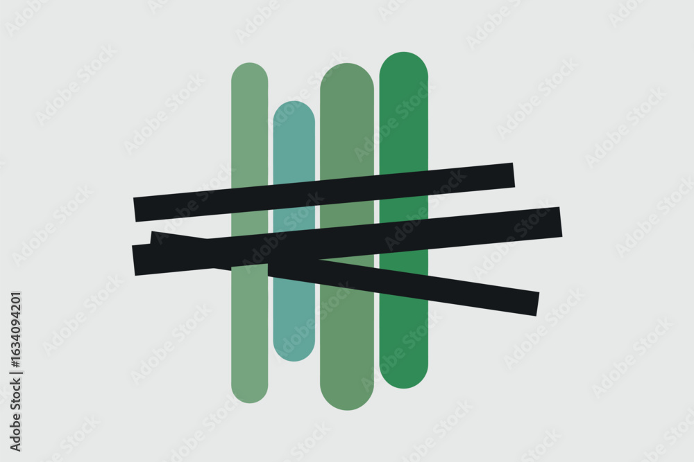 Aufkleber abstract composition featuring green rounded rectangles and black horizontal lines on a light backgr