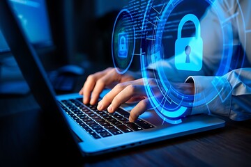 Close up of a person s hands typing on a laptop keyboard with a glowing blue digital padlock and network data overlay symbolizing cybersecurity and online data protection