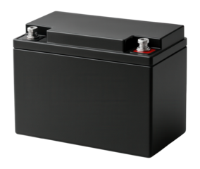 Black rectangular automotive battery with dual terminals on transparent background.