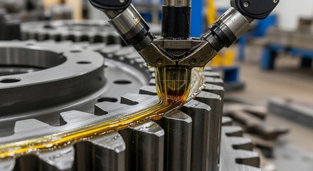 Precision lubrication of large industrial gear by automated machine in manufacturing plant