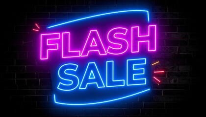 Obraz premium Flash Sale Neon Sign Glowing Pink and Blue Against Dark Brick Wall