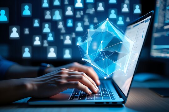 Close up of hands typing on a laptop with a glowing digital network of people icons emanating from the screen symbolizing global connection and technology