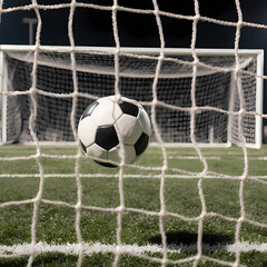 A Soccer ball flying into a goal net during a match