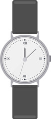 Classic analog wristwatch featuring a gray leather strap and a white dial, clearly indicating eleven o'clock, elegantly isolated against a clean white background