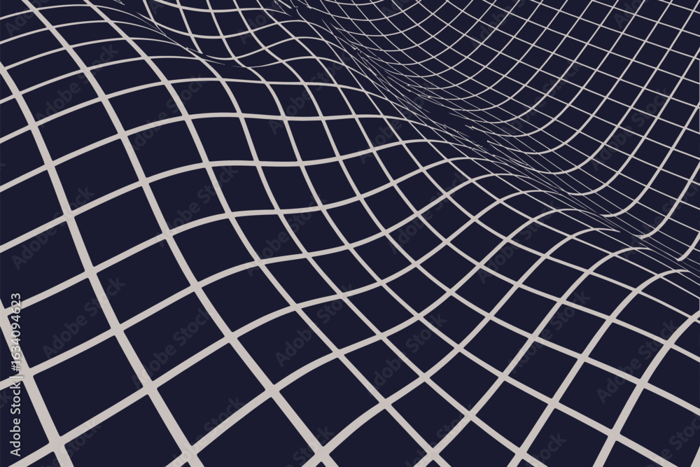 Poster a wavy grid pattern with white lines on a dark blue background creating an abstract three dimensiona