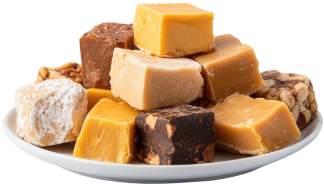 Assorted fudge squares piled high on a white plate