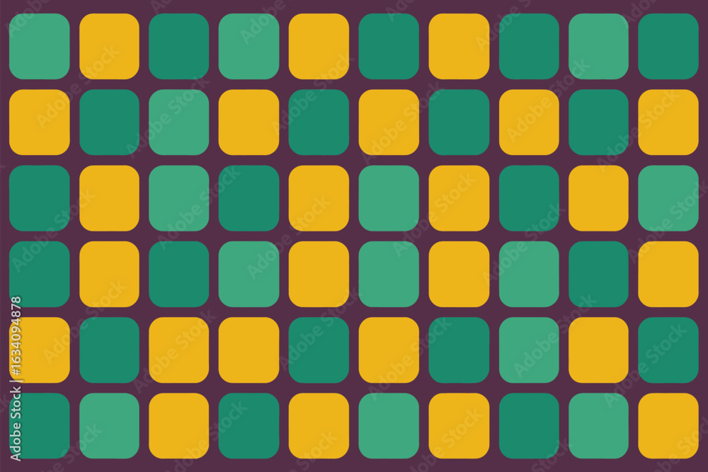 Poster a pattern of rounded squares in alternating green and yellow colors on a dark purple background grid