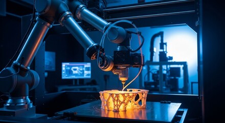 Robotic Arm 3D Printing Intricate Glowing Object in Modern Lab