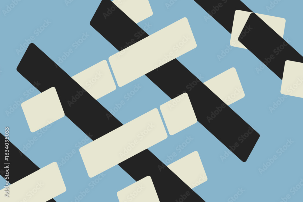 Poster an abstract pattern featuring black and cream rectangles on a light blue background in a repeating d