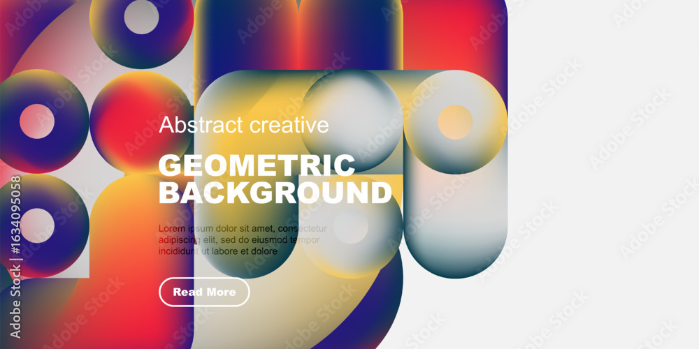 Poster vibrant geometric shapes overlap, creating colorful abstract background. text element present, butto