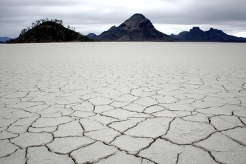 Dried, cracked lakebed; distant mountains