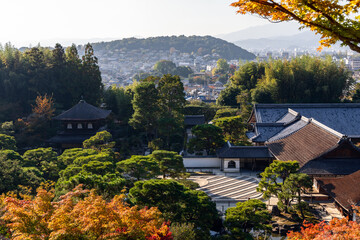 Panoramic autumn scene from Ginkakuji Temple gardens in Kyoto with vibrant foliage, traditional...