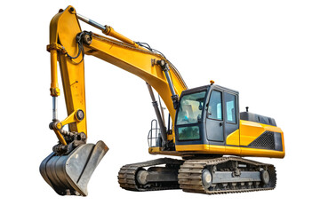 Yellow excavator isolated on transparent background, a heavy construction equipment machine used for digging and earthmoving in the industry