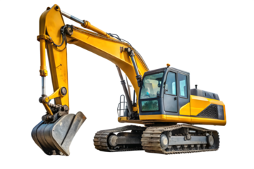 Yellow excavator isolated on transparent background, a heavy construction equipment machine used for digging and earthmoving in the industry