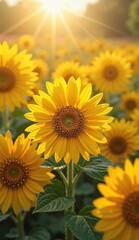 Fototapeta premium Vibrant sunflower garden in soft sunlight. Rich colors, dreamy atmosphere, blurred background. Balanced composition, calm beauty.. Summer time.