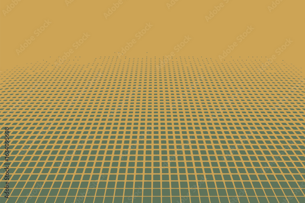 Poster an abstract perspective view of a grid pattern with yellow lines and green squares fading into dista