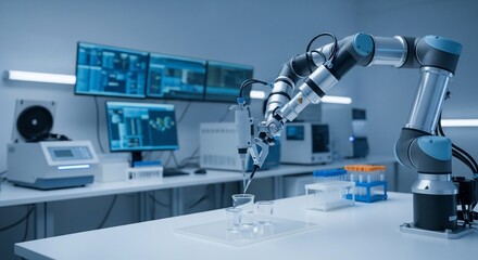 Robotic Arm Dispensing Liquid in Beakers in a Modern Laboratory Setting