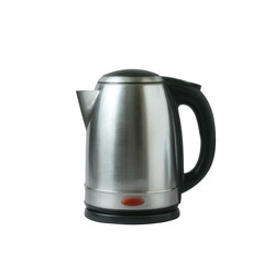 A sleek stainless steel electric kettle with a black handle and red power button, isolated on a white background for a modern kitchen or beverage themed design.
