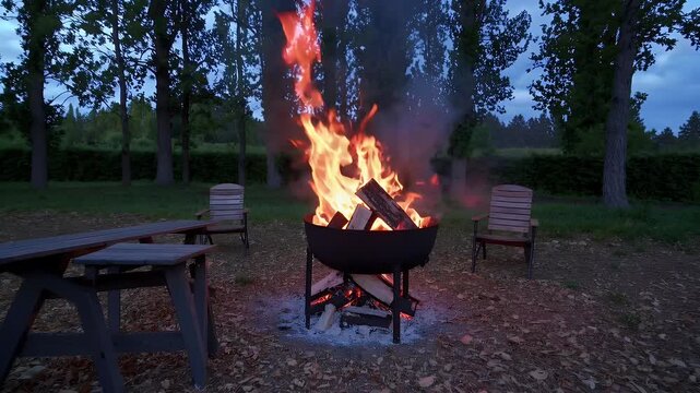 Dynamic 4K high resolution video capturing a roaring bonfire in a backyard barbecue setup with flames crackling around burning firewood perfect for scenes illustrating cozy outdoor gatherings