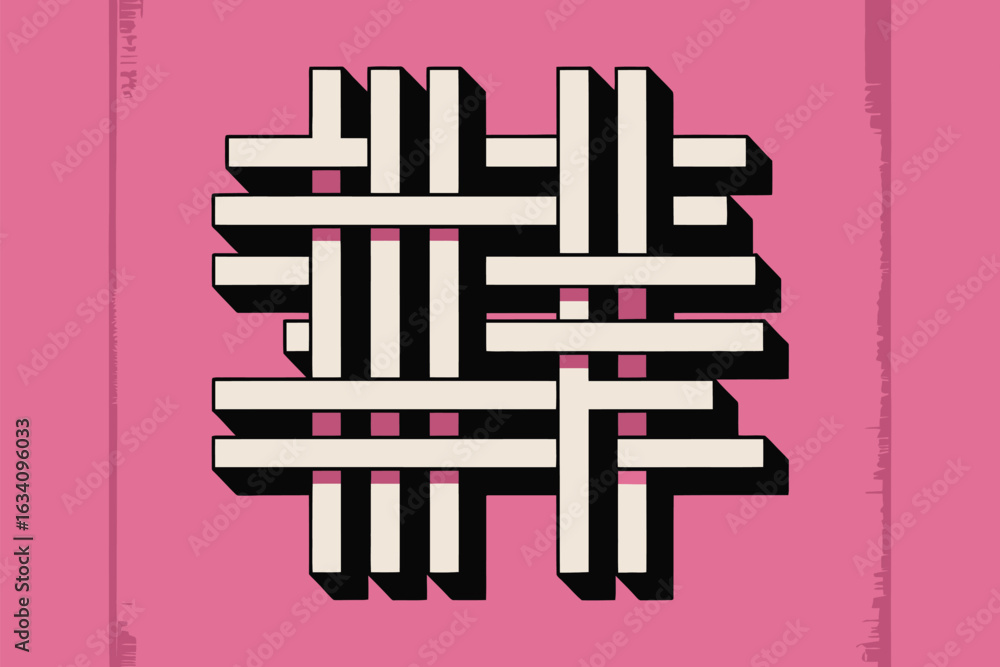 Poster a geometrical pattern of interwoven white and black bars on a pink background creating an abstract d