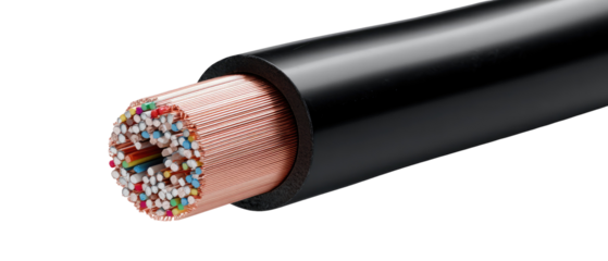 Close-up of a multi-strand cable with a black outer jacket and a multicolored inner core