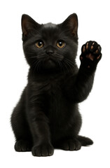 Obraz premium Cute black kitten sitting and raising its paw, showcasing its tiny claws on transparent background.