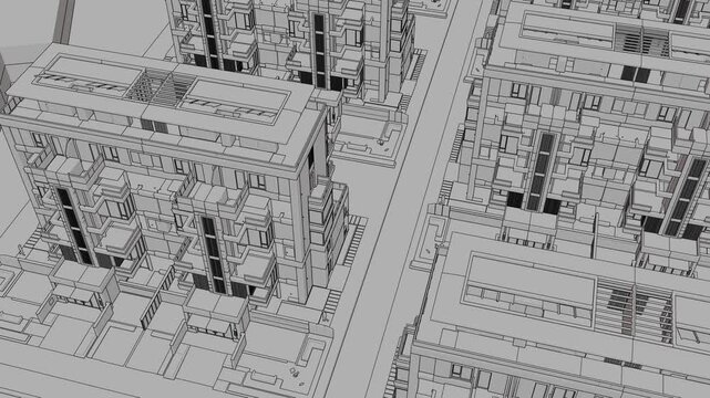 Animation of a Generic Apartment Building with solar panels on top, Seamless Looped Animation, 3D Linework rendering