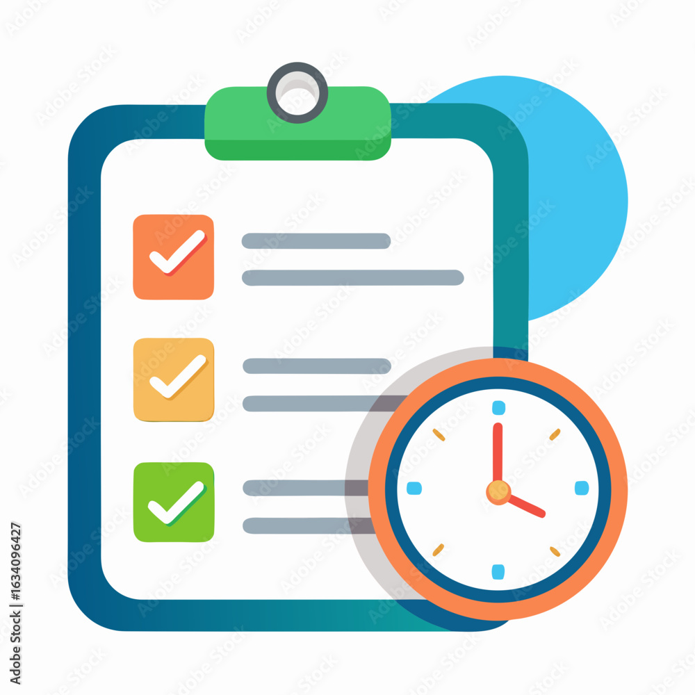 Poster clipboard checklist with clock for time management isolated on white background