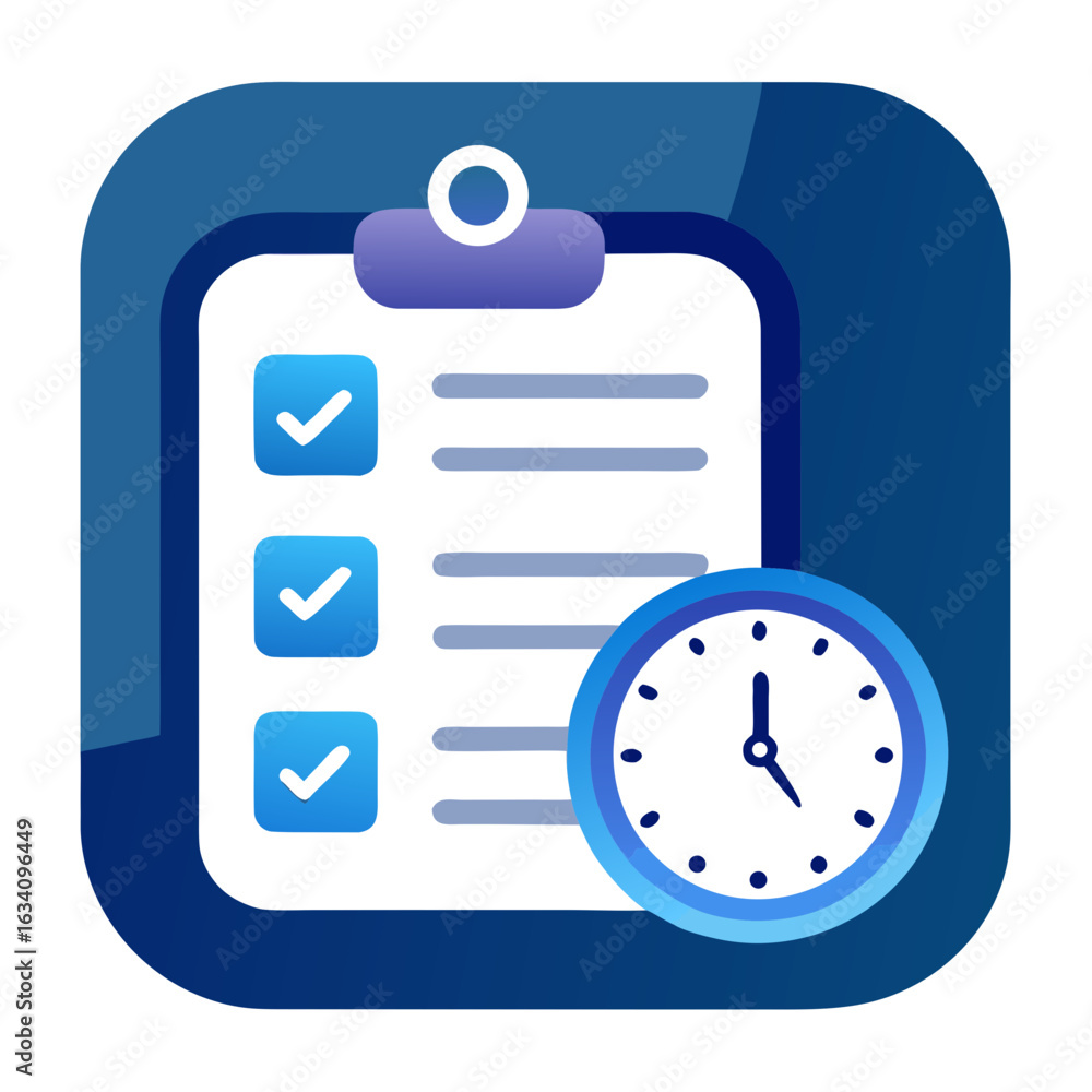 Poster clipboard checklist with clock for task management isolated on white background