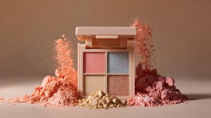 A Cosmetics Palette With Exploding Powder In Different Hues On A Beige Background
