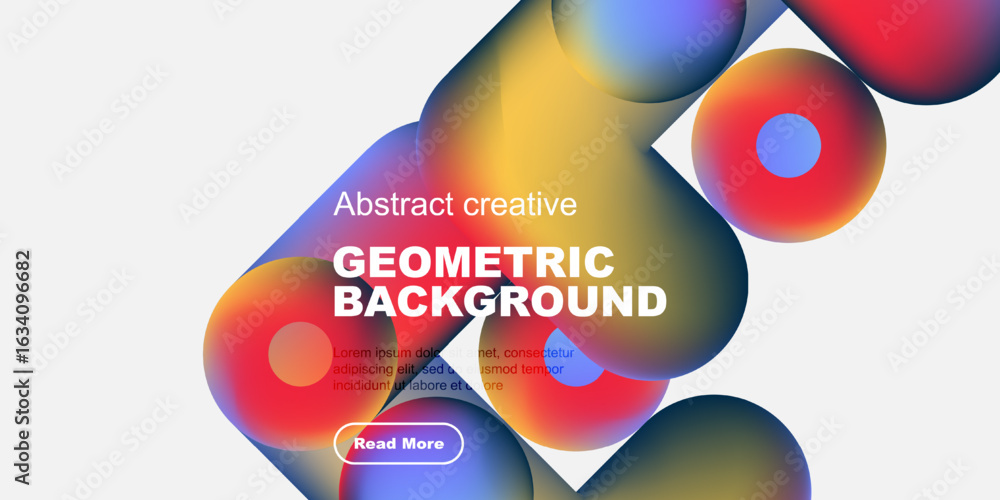 Poster vibrant geometric shapes overlap, creating dynamic abstract background. text promotes further explor