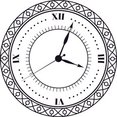 Classic clock face with roman numerals and ornate decorative frame indicating a specific time, blending vintage aesthetics with precise timekeeping