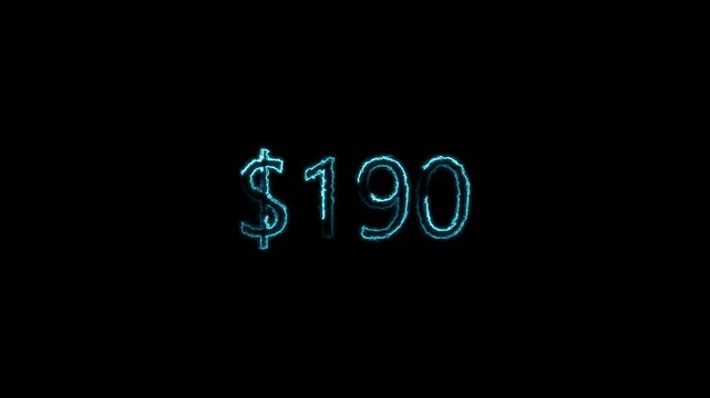 Glowing Neon 190 Dollars Text Icon Animation on Black Background | 4K Loop