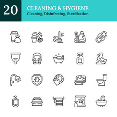 Cleaning & Hygiene Outline Icon Sheet Design Vector - sanitation tools and hygiene practices including cleaning products, disinfecting, personal hygiene, bathroom cleaning, waste disposal