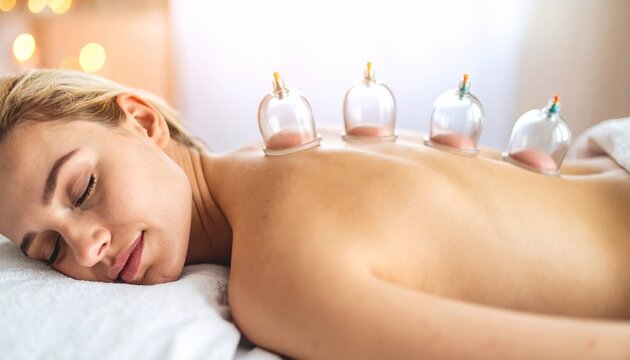 Beautiful European woman receiving cupping therapy on her back, calm spa setting, holistic healing, wellness treatment, traditional therapy, peaceful relaxation scene