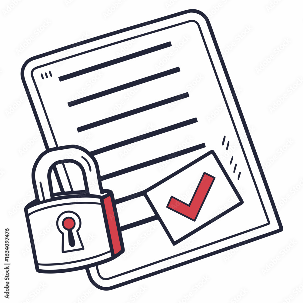 Poster secured document with padlock and check mark isolated on white background