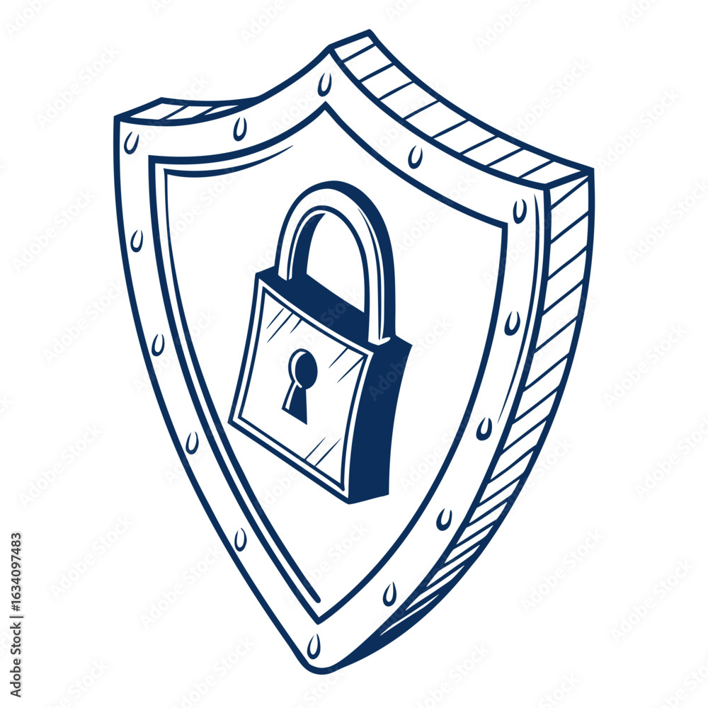 Poster shield and padlock icon representing data security isolated on white background