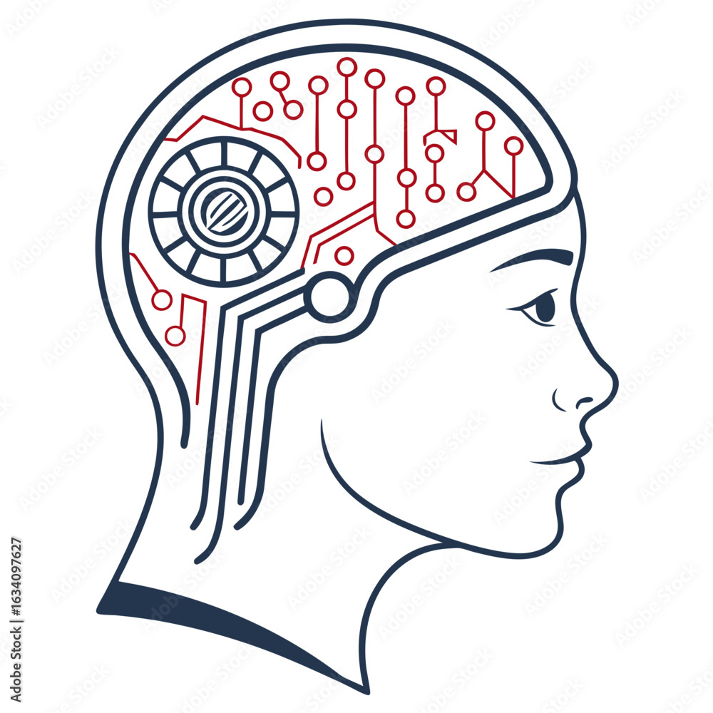 Aufkleber artificial intelligence and human brain connection with circuit isolated on white background