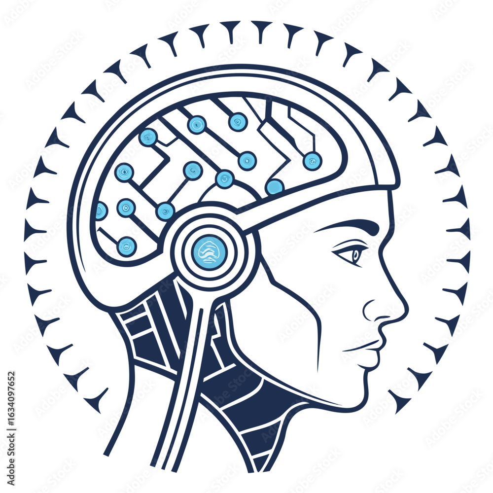 Poster artificial intelligence concept with human brain and circuit isolated on white background