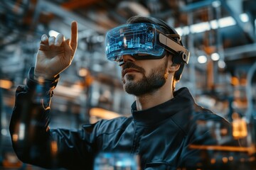 Man wearing VR headset in virtual factory simulation
