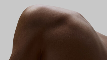 Male back and shoulder blade lit by soft light in neutral pose. Concept of anatomy education,...