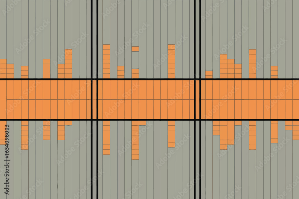 Poster abstract illustration of orange and gray rectangular blocks divided by black lines into three sectio